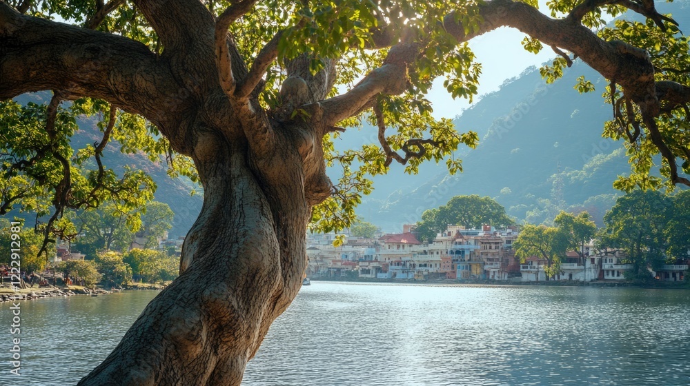 Poster Close up of majestic Indian tree overlooking river and homes with mountains in background and ample space for text or messaging