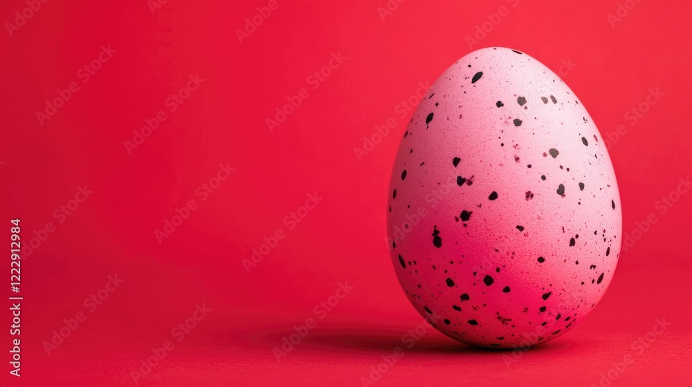 Poster close up of a pink speckled easter egg on a vibrant red background featuring ample copy space for se