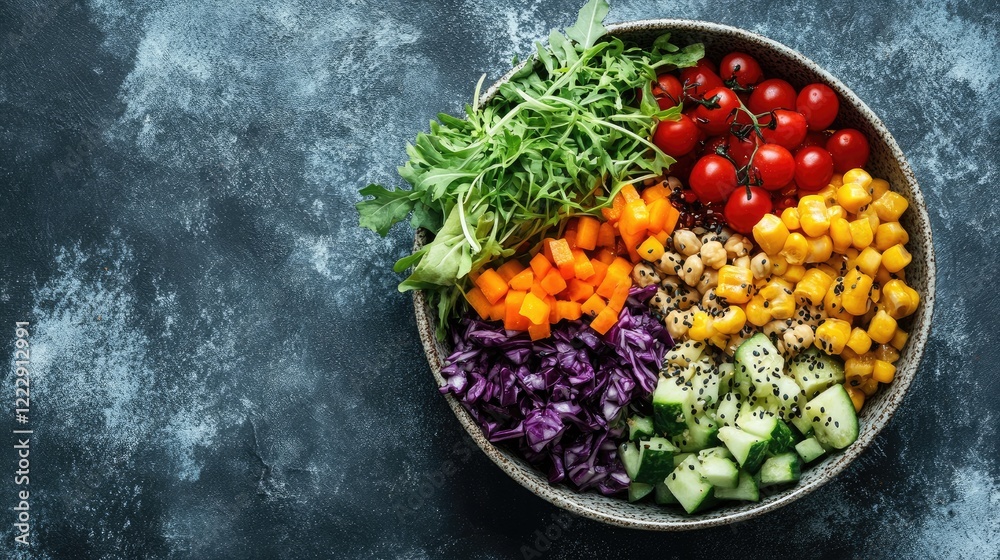 Poster Vibrant salad bowl with colorful fresh vegetables and empty space for customizable text on textured background
