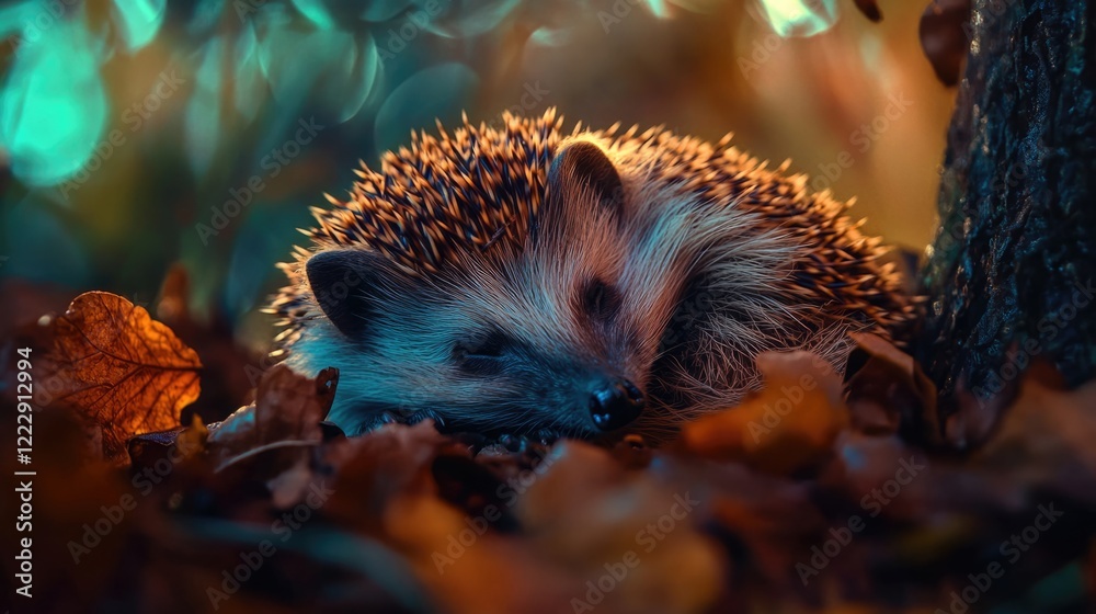 Poster close up of a sleeping hedgehog curled up in autumn leaves with soft focus background and space for 