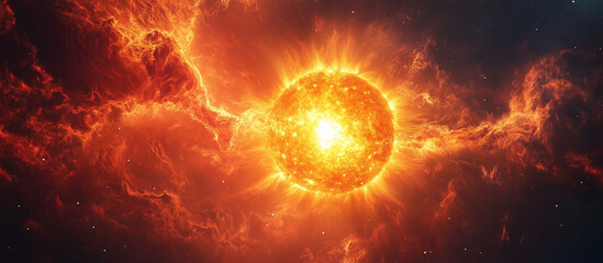 Obraz premium Solar flash, explosion, mass ejection. Burning sun and space. Magnetic storm cause, solar winds and waves. Sun's corona. 