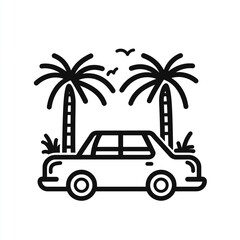 A simple line drawing of a car parked near palm trees, evoking a tropical vibe and a sense of adventure.