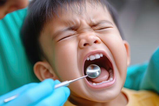 A young boy showing distress during a dental check-up, with a dentist examining his teeth using a dental mirror.