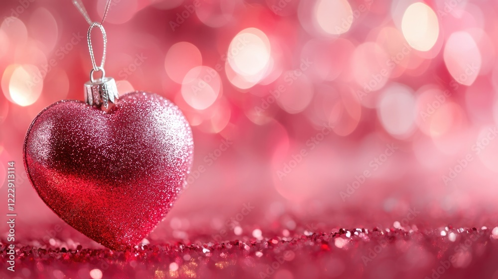 Aufkleber glittering red heart ornament on a soft pink background ideal for holiday designs with space for per