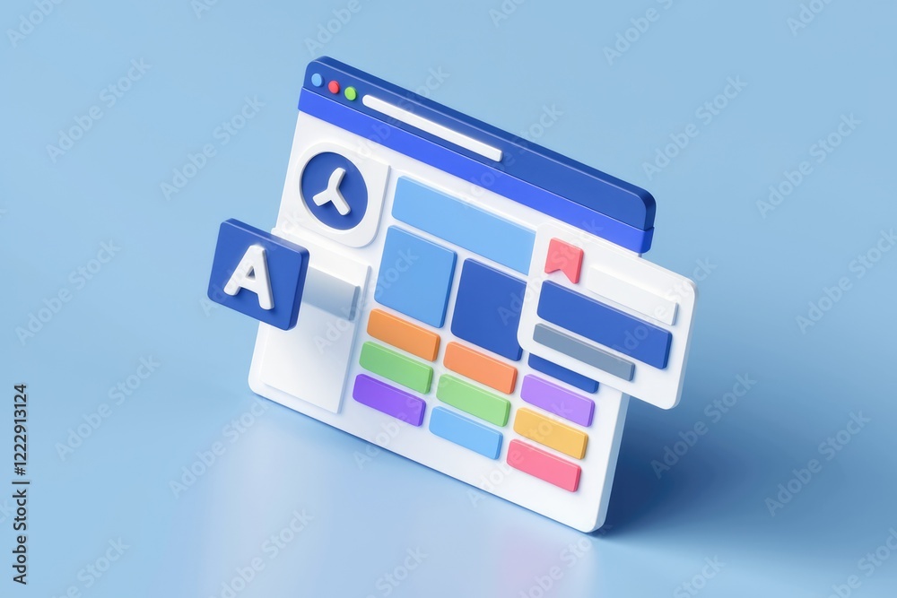 Poster 3D illustration of a website interface with colorful blocks and AI integration.