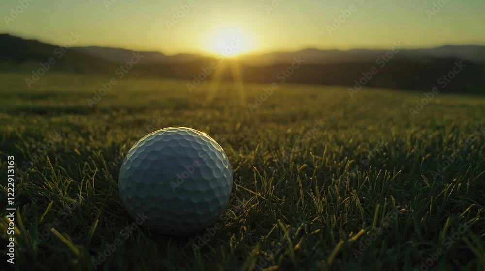 Poster close up of a golf ball resting on green grass at sunset with a beautiful landscape background and s