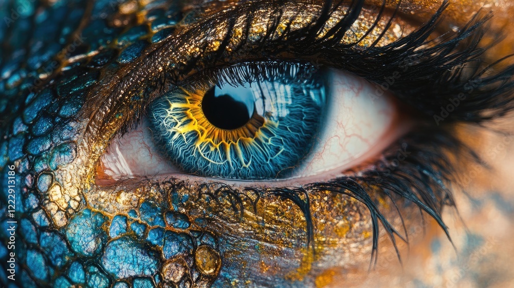 Poster Detailed close-up of a vibrant blue eye showcasing intricate textures and reflections with ample space for text overlay