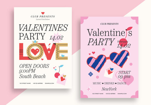 Valentine's Day Party Poster Layout with Romantic Elements and Elegant Typography