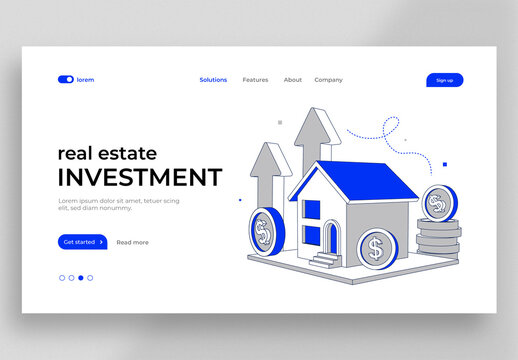 Real Estate Investment Website with House and Financial Growth Symbols