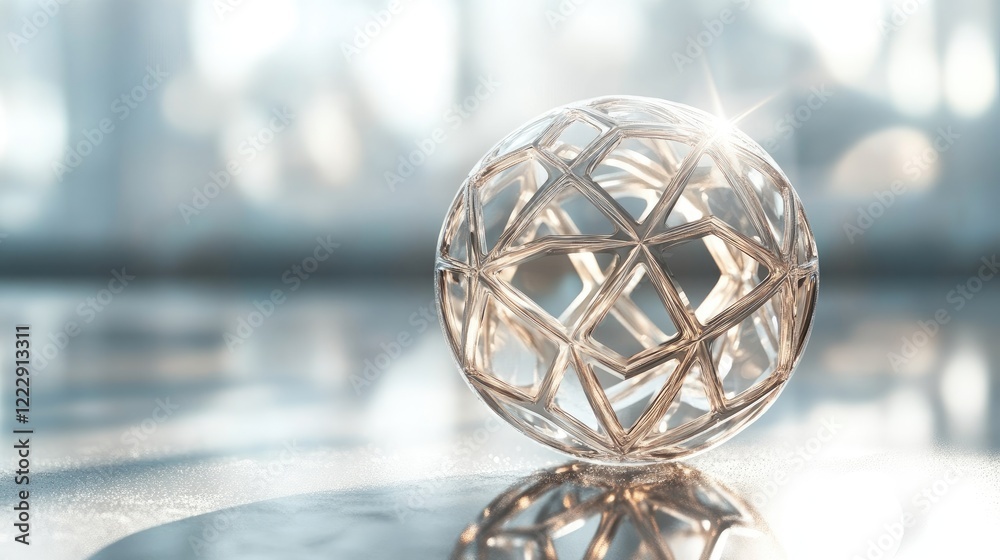 Poster Geometric Lens Ball Reflecting Light on Glass Surface with Copy Space for Text and Creative Visual Effects