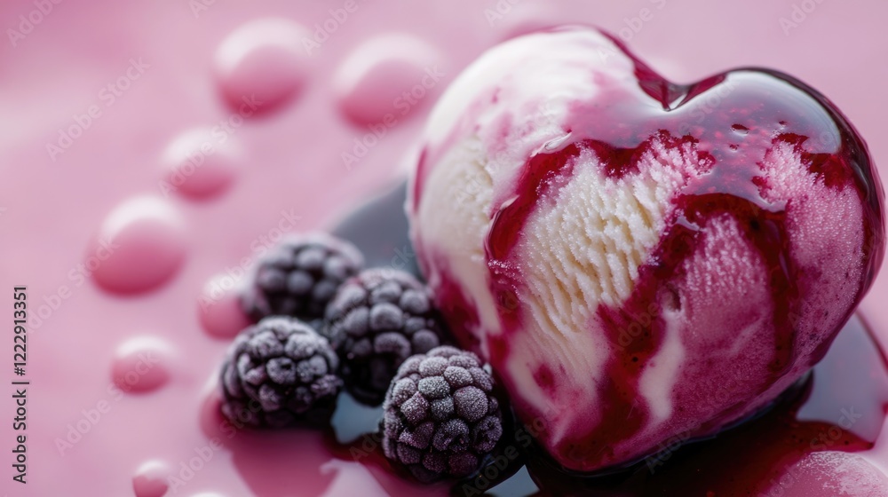 Poster heart shaped ice cream drizzled with mixed berry sauce surrounded by blackberries on a vibrant pink 