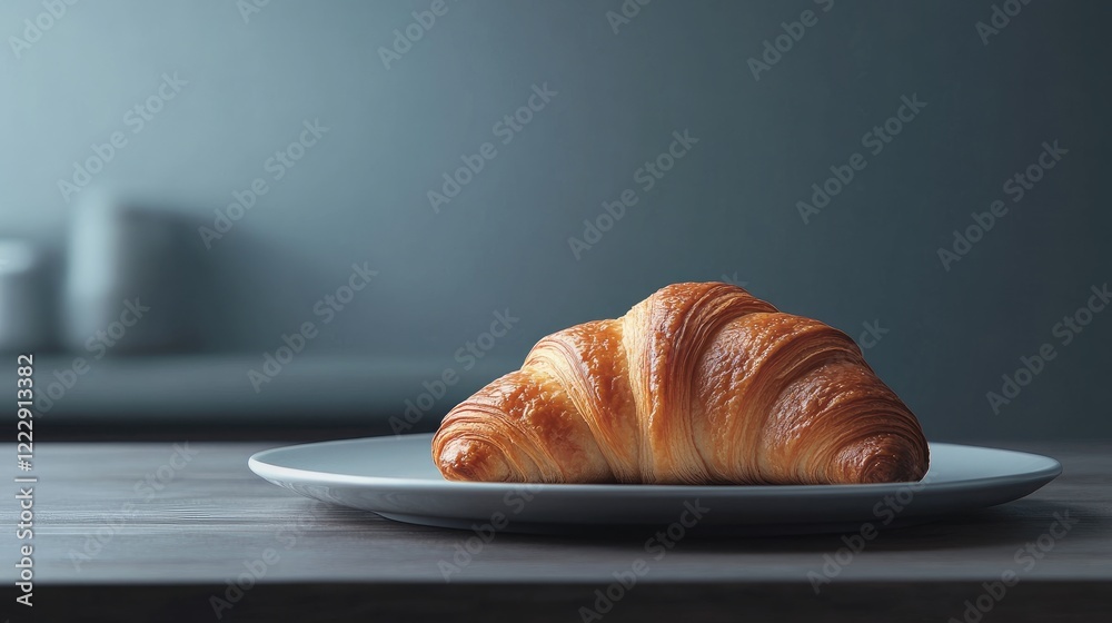Aufkleber freshly baked croissant on a plate with soft lighting and empty space for text in a cozy kitchen set
