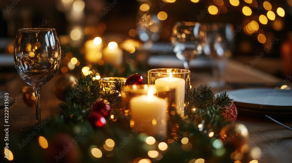 Poster illuminated candles on a festive table setting with holiday decorations creating a warm ambiance for