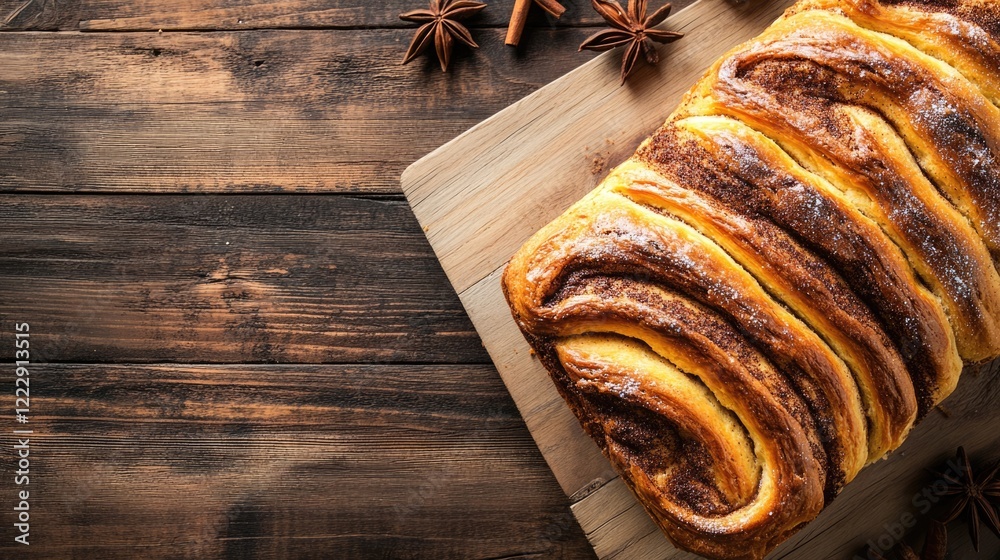 Aufkleber homemade cinnamon bread on rustic wooden table with space for text showcasing warm and inviting bake