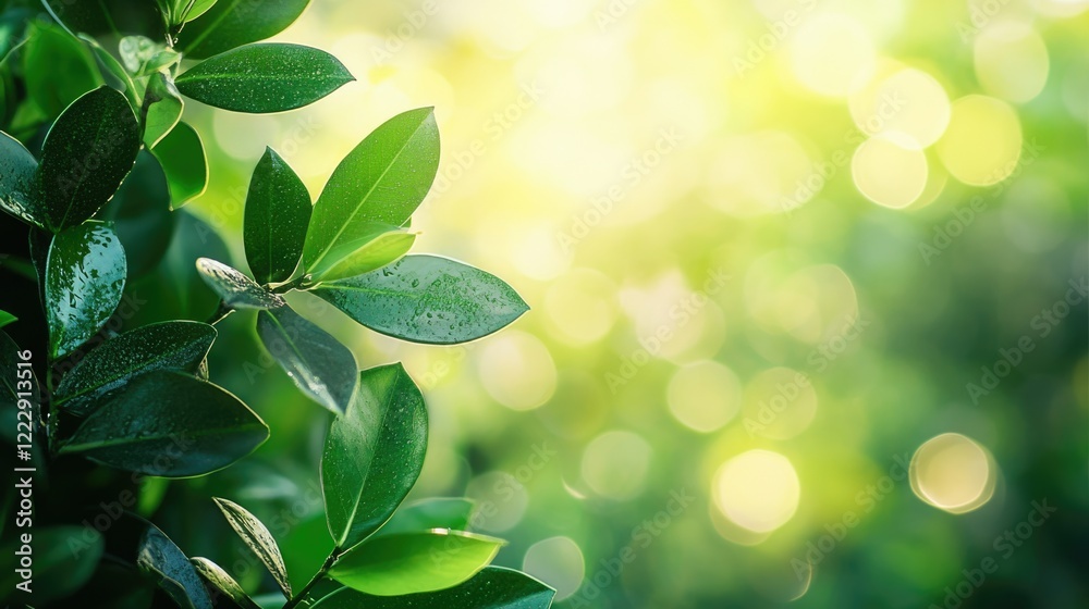 Aufkleber tropical jungle close up featuring lush smilax plants in a serene cloudy morning with bright bokeh a