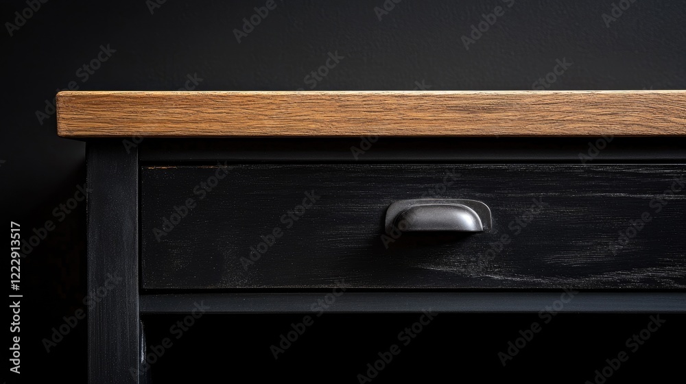 Poster Close up of modern drawer in dark cabinet showcasing natural wood finish with empty space for text or branding elements.