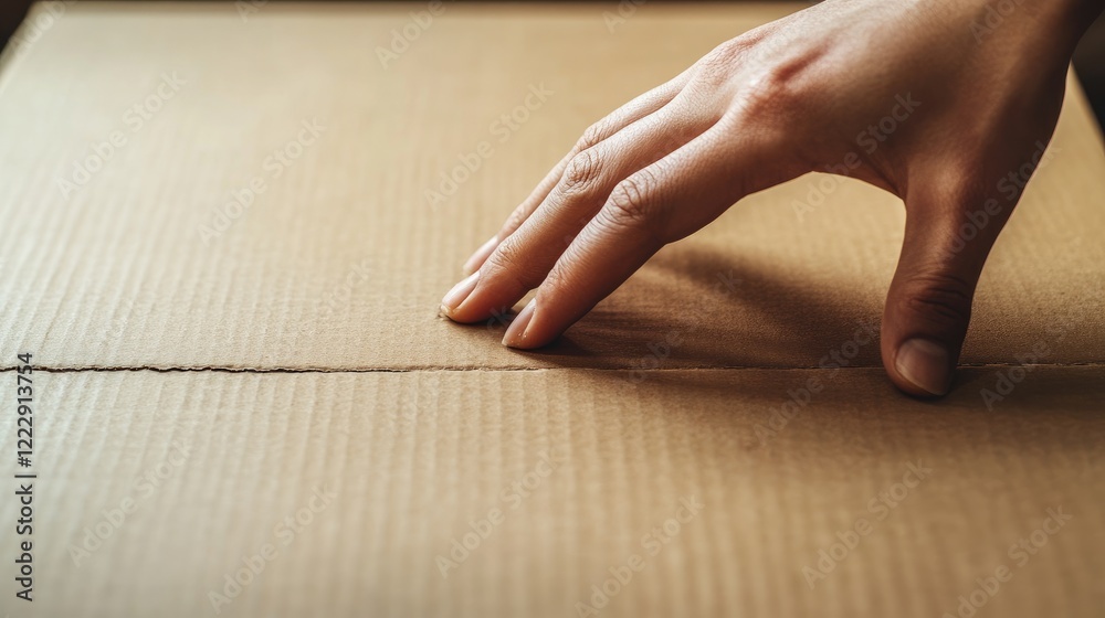 Poster Hand gently touching textured surface of a cardboard box with ample empty space for text in a warm, inviting atmosphere