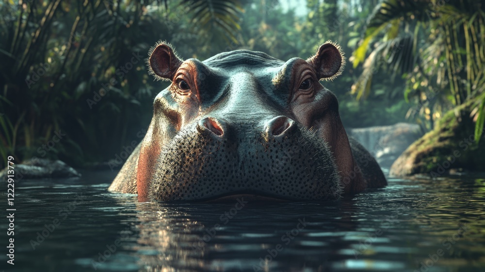 Poster Hippopotamus in a tranquil river setting gazes at the viewer surrounded by lush greenery and ample copy space for text inclusion