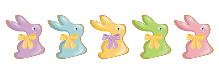 Set of easter bunnies with bows. Spring religious holiday happy easter. Gift in the form of colorful gingerbread bunnies. Vector illustration isolated on white.