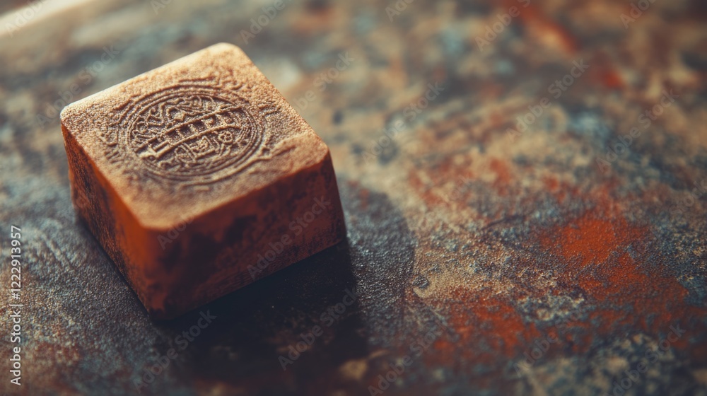 Poster close up of vintage rubber stamp on textured surface with grunge elements and empty space for text o