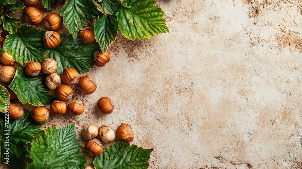 Poster close up of hazelnuts with green leaves on a textured surface ideal for food related advertisements 