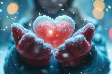 A person holding a glowing red heart surrounded by snowflakes, symbolizing love and warmth in a winter setting.