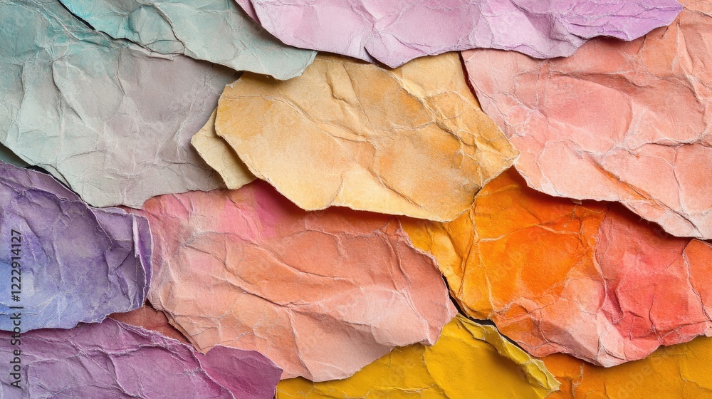 Poster Multicolored crumpled paper texture background with vibrant hues and space for text or design elements