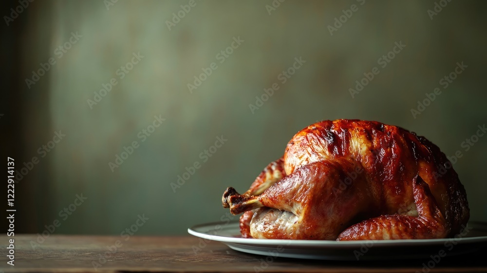 Poster close up of a beautifully roasted pork on a plate showcasing its crispy skin with ample empty space 