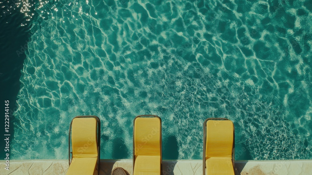 Poster Aerial view of tranquil swimming pool with empty lounge chairs providing ample space for text and relaxation in a serene setting