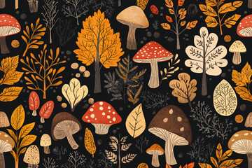 Colorful autumn forest pattern featuring mushrooms, leaves, and trees on a dark background