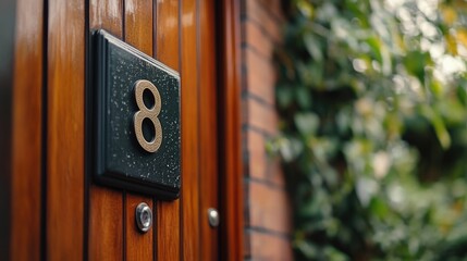 House number 8 on a wooden door with greenery background and empty space for personalized text or message