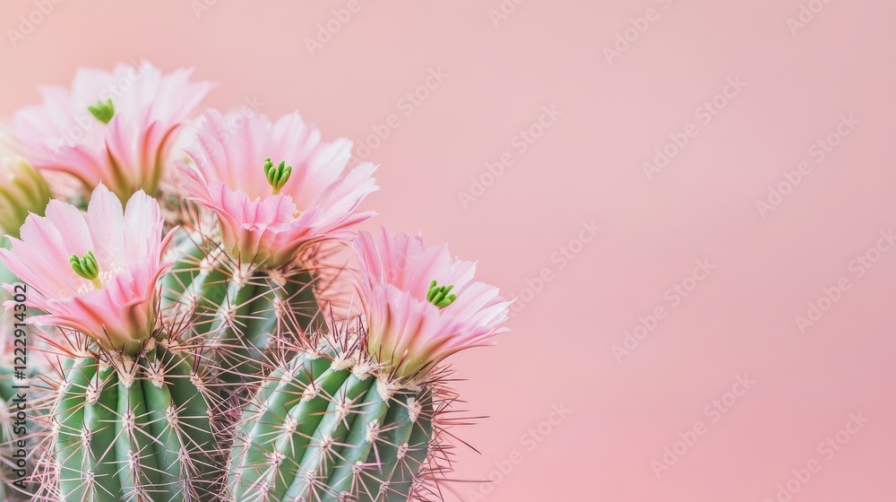 Poster Cactus with delicate pink flowers on soft pink background providing ample space for text and design elements in a peaceful setting