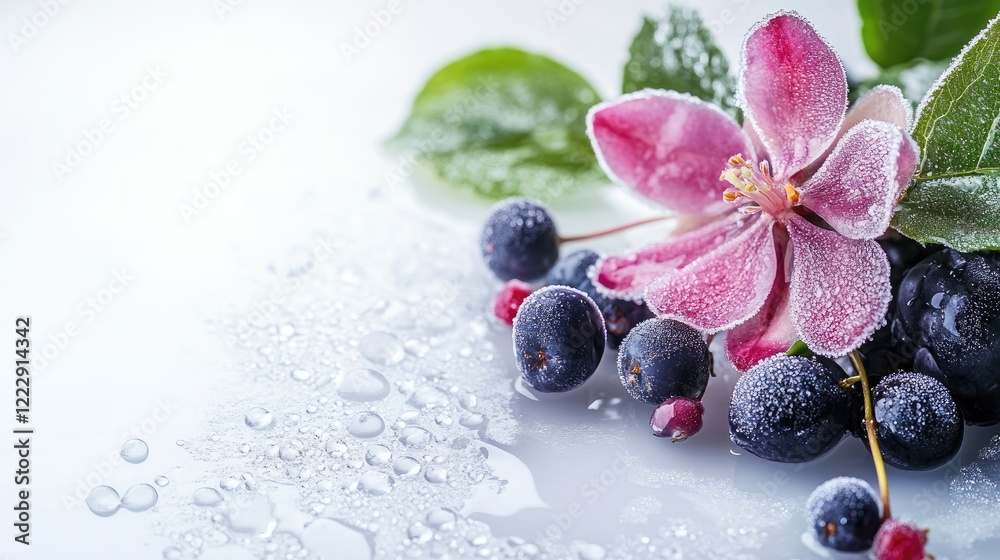 Poster frosted flower and berries with water droplets on white background featuring ample copy space for te