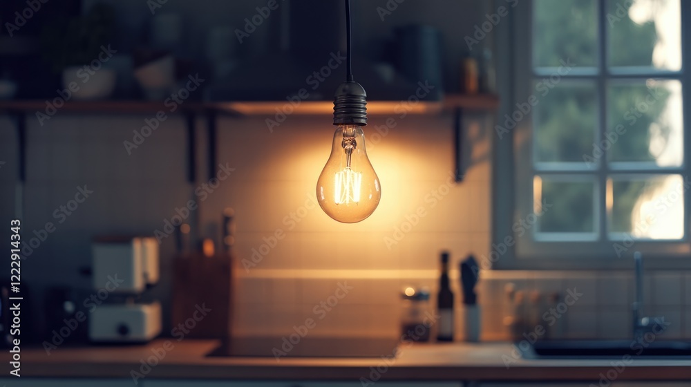Poster vintage kitchen lightbulb close up with warm glow creating an inviting atmosphere and ample empty sp