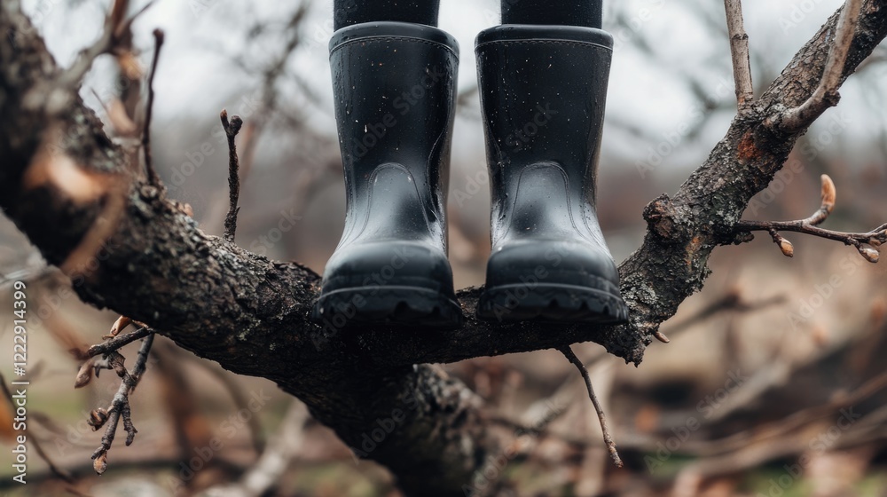 Leinwandbilder rubber boots resting on tree branches with empty space for text in a natural outdoor setting