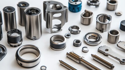 Detailed Close Up of Various Automotive Engine Parts Arranged Neatly on a Surface with Blank Space for Customized Text or Branding