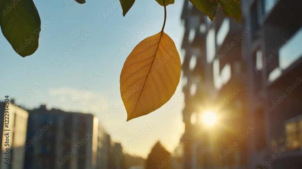 Poster close up of a solitary leaf on a tree during late summer with blurred urban background and soft sunl