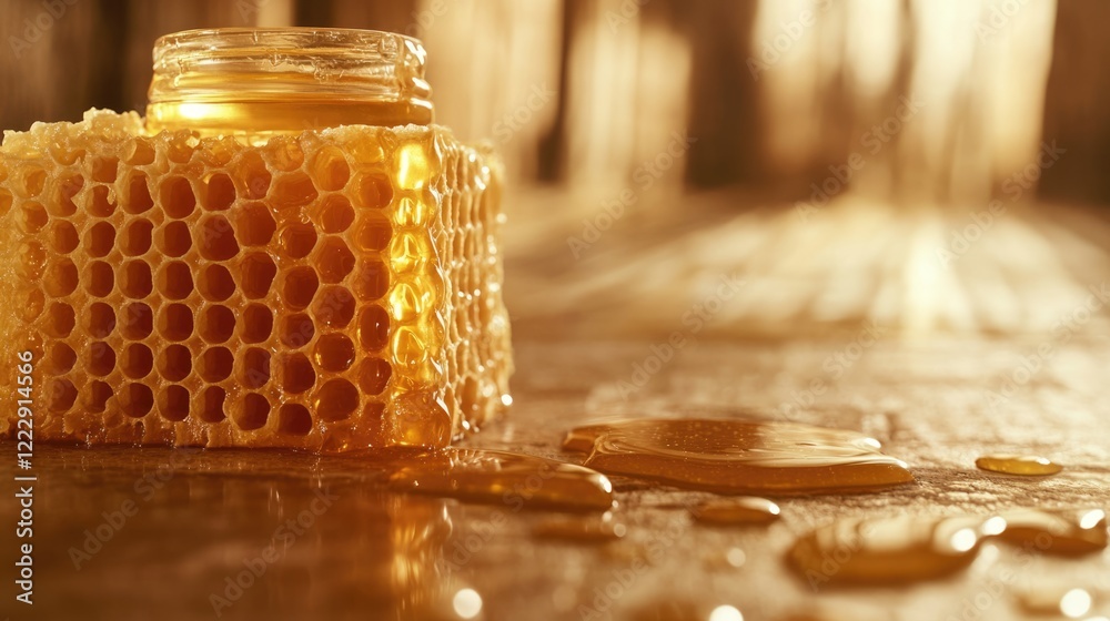 Aufkleber Honey dripping from wooden honeycomb with a glass jar on a rustic surface creating an inviting atmosphere for natural sweetness and recipes