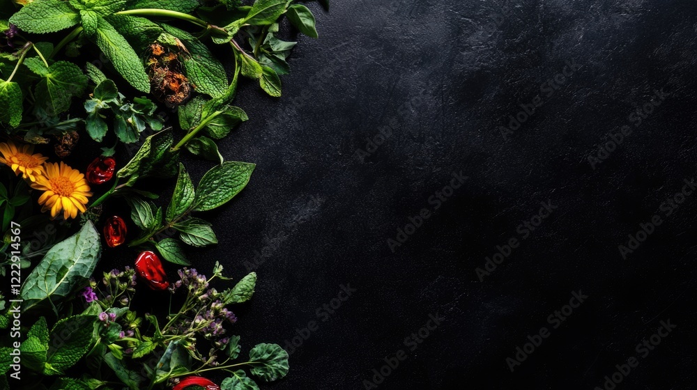 Aufkleber Colorful essential oils and fresh herbs arranged on a black background with ample empty space for text and branding designs