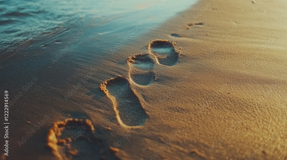 Poster footprints on sandy beach at sunset with calm waves and plenty of negative space for text or promoti