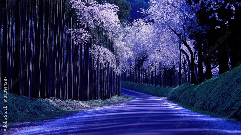 Wall mural tranquil pathway lined with blooming cherry blossoms and bamboo trees, creating a peaceful atmospher