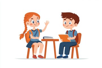 Children studying together cartoon