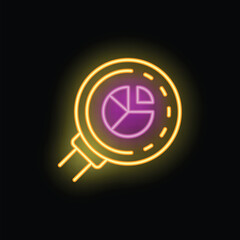 Yellow neon icon of a magnifying glass analyzing a pie chart data on black background