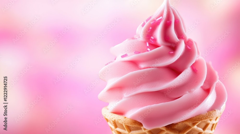 Poster close up of ice cream cone featuring bright pink creamy topping with smooth blurred background for p