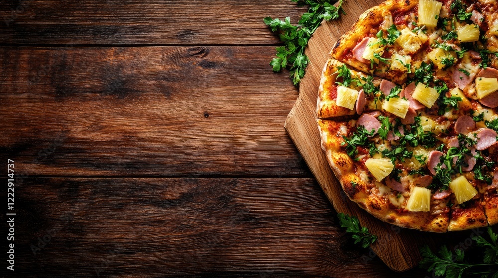 Poster Hawaiian pizza with pineapple and ham garnished with herbs on a rustic wooden table featuring empty space for text or branding
