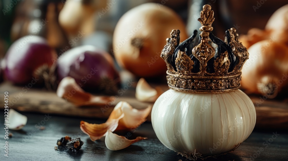 Poster elegant still life with iberian black crown atop white onion surrounded by assorted vegetables and e