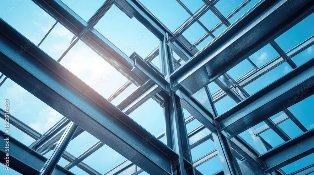 Poster Close up of modern steel frame structures showcasing architectural design with clear sky background for text placement and creative use.