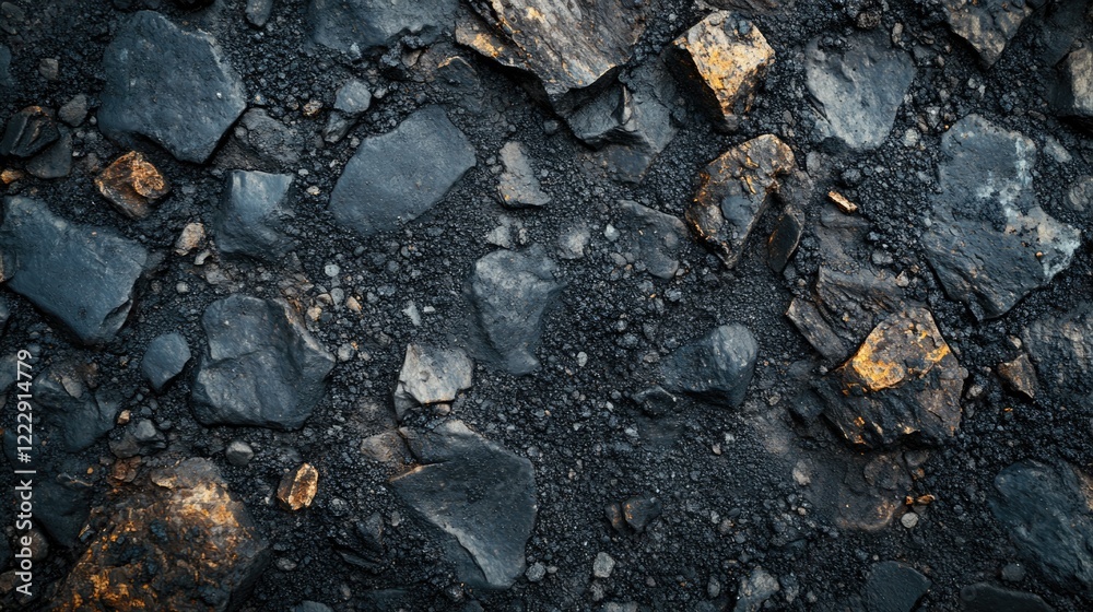 Poster close up of textured asphalt gravel stone pavement with dark tones and space for text or graphic ove