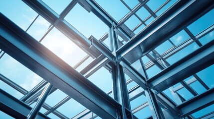 Close up of modern steel frame structures showcasing architectural design with clear sky background for text placement and creative use.