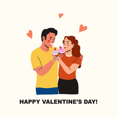 Loving Couple In Love Hugging  with cupcakes. Flat style cartoon vector illustration.